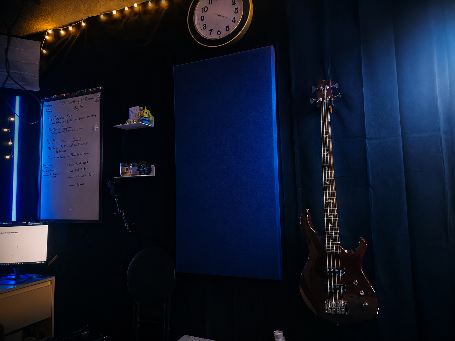 Bass, acoustic panel, and session whiteboard