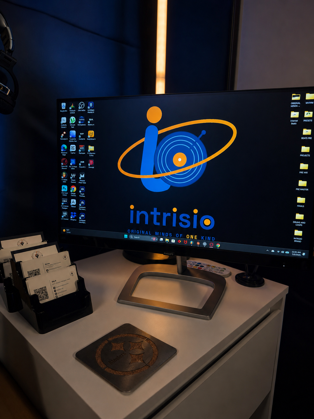 Intrisio brand on the studio monitor
